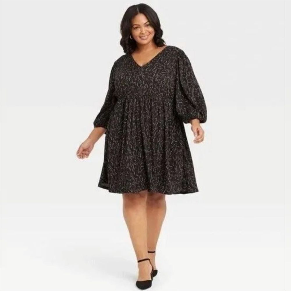 Ava & Viv Black Floral Print Dress V-neck Women's Size X/14W Balloon Sleeves